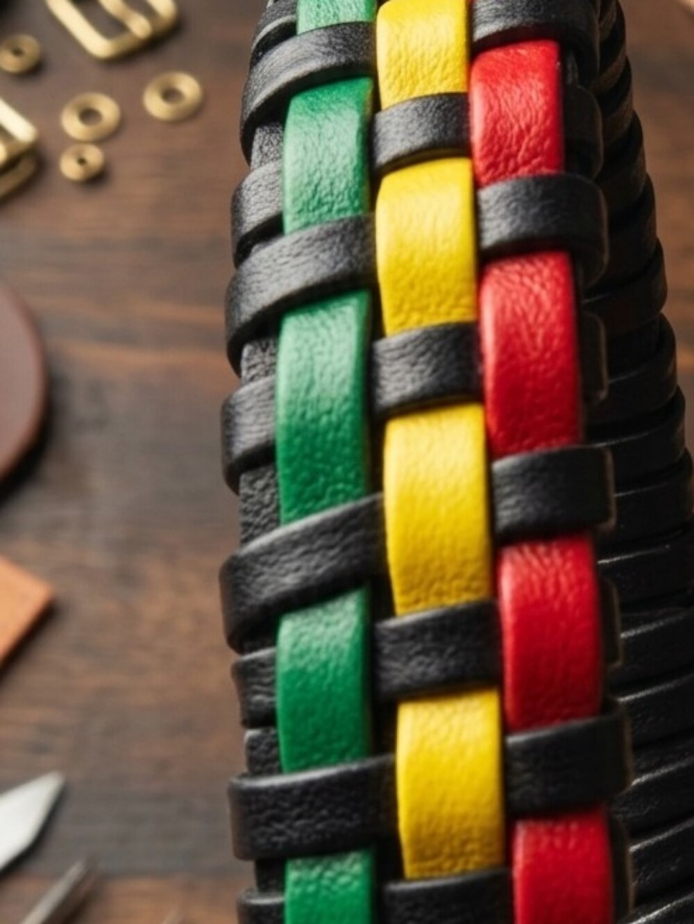 Braided Leather Bracelet with Black, Green, Yellow & Red Straps